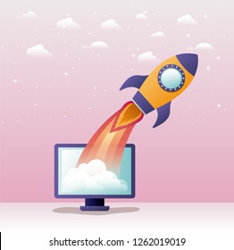 rocket start up with desktop computer