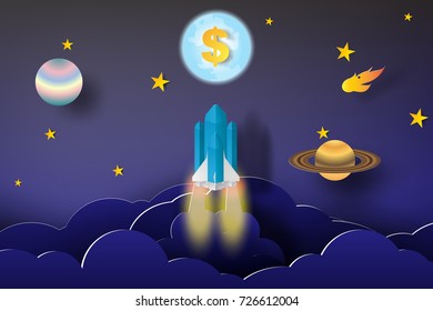 rocket start up dollar bussiness concept idea,paper art style,space,vector