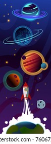 Rocket start up from earth into space with solar system planets background with clouds and steam, Flat vector design illustration.