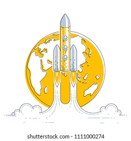 Rocket start from earth to space to discover undiscovered galaxies. Explore universe, interesting space science. Thin line 3d vector illustration isolated on white.