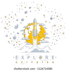 Rocket start from earth to space to discover undiscovered, surrounded by comets, asteroid, meteors, stars and other elements. Explore universe, space science. Thin line 3d vector illustration.