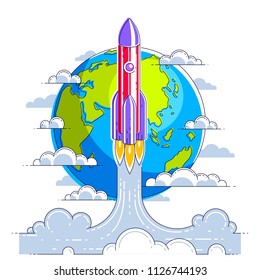 Rocket start from earth to space to discover undiscovered galaxies. Explore universe, interesting space science. Thin line 3d vector illustration isolated on white.