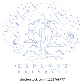 Rocket start from earth to space to discover undiscovered, surrounded by comets, asteroid, meteors, stars and other elements. Explore universe, space science. Thin line 3d vector illustration.