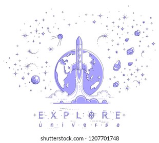 Rocket start from earth to space to discover undiscovered, surrounded by comets, asteroid, meteors, stars and other elements. Explore universe, space science. Thin line 3d vector illustration.