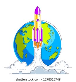 Rocket start from earth to space to discover undiscovered galaxies. Explore universe, interesting space science. Thin line 3d vector illustration isolated on white.