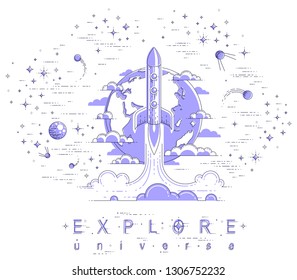Rocket start from earth to space to discover undiscovered, surrounded by satellites, stars and other elements. Explore universe, space science. Thin line 3d vector illustration.