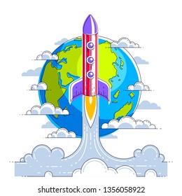 Rocket start from earth to space to discover undiscovered galaxies. Explore universe, interesting space science. Thin line 3d vector illustration isolated on white.