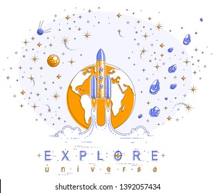 Rocket start from earth to space to discover undiscovered, surrounded by comets, asteroid, meteors, stars and other elements. Explore universe, space science. Thin line 3d vector illustration.
