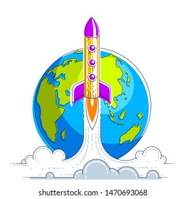 Rocket start from earth to space to discover undiscovered galaxies. Explore universe, interesting space science. Thin line 3d vector illustration isolated on white.