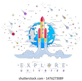 Rocket start from earth to space to discover undiscovered, surrounded by comets, asteroid, meteors, stars and other elements. Explore universe, space science. Thin line 3d vector illustration.
