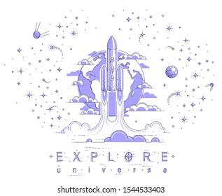 Rocket start from earth to space to discover undiscovered, surrounded by satellites, stars and other elements. Explore universe, space science. Thin line 3d vector illustration.