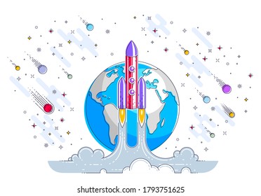 Rocket start from earth to space to discover undiscovered, surrounded by comets, asteroid, meteors, stars and other elements. Explore universe, space science. Thin line 3d vector illustration.