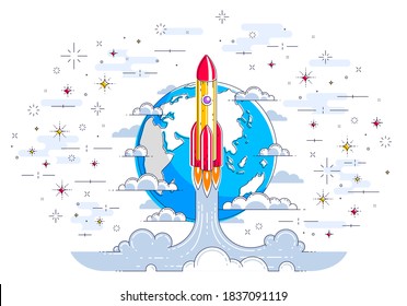 Rocket start from earth to space to discover undiscovered, surrounded by satellites, stars and other elements. Explore universe, space science. Thin line 3d vector illustration.