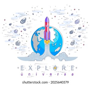 Rocket start from earth to space to discover undiscovered, surrounded by comets, asteroid, meteors, stars and other elements. Explore universe, space science. Thin line 3d vector illustration.