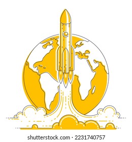 Rocket start from earth to space to discover undiscovered galaxies. Explore universe, interesting space science. Thin line 3d vector illustration isolated on white.