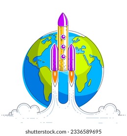 Rocket start from earth to space to discover undiscovered galaxies. Explore universe, interesting space science. Thin line 3d vector illustration isolated on white.