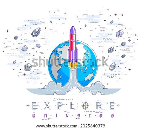 Rocket start from earth to space to discover undiscovered, surrounded by comets, asteroid, meteors, stars and other elements. Explore universe, space science. Thin line 3d vector illustration.