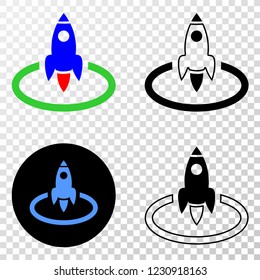 Rocket start EPS vector pictogram with contour, black and colored versions. Illustration style is flat iconic symbol on chess transparent background.