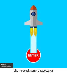 Rocket start up in a flat style with the enter button. Vector illustration