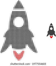 Rocket start halftone dotted icon illustration. Halftone array contains round elements. Vector illustration of rocket start icon on a white background. Flat abstraction for rocket start pictogram.