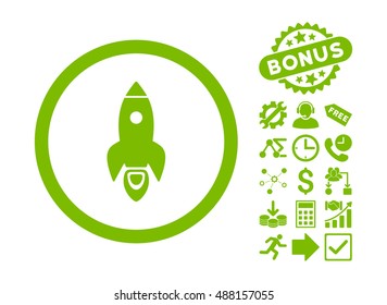 Rocket Start icon with bonus clip art. Vector illustration style is flat iconic symbols, eco green color, white background.