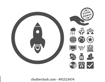 Rocket Start icon with bonus clip art. Vector illustration style is flat iconic symbols, gray color, white background.
