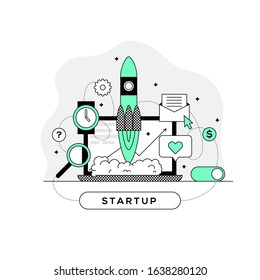 The rocket at the start. Laptop and business elements. Startup concept. Flat line style vector illustration.