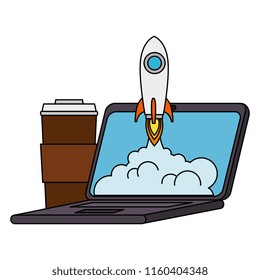 rocket start up in laptop with coffee