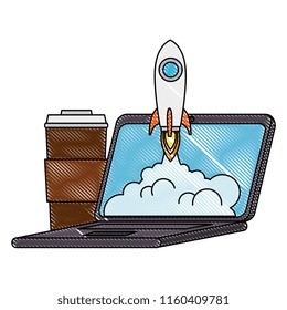 rocket start up in laptop with coffee