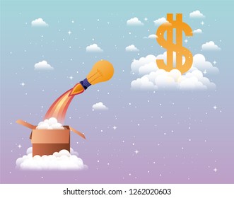 rocket start up with money symbol and box