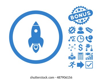 Rocket Start pictograph with bonus design elements. Vector illustration style is flat iconic symbols, cobalt color, white background.