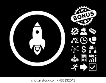 Rocket Start pictograph with bonus images. Vector illustration style is flat iconic symbols, white color, black background.