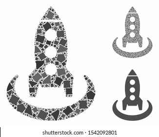 Rocket start position composition of inequal parts in various sizes and color hues, based on rocket start position icon. Vector tuberous parts are combined into composition.