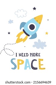 Rocket start poster with lettering. Space adventure vector print for baby apparel and wall art. 