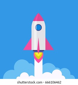 Rocket start sign. Flat internet icon with long shadow in cartoon style. Web and mobile design element. Rocketship - startup launch symbol. Vector colored illustration.