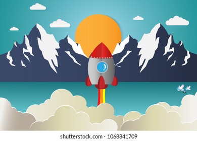 Rocket is start up in the sky with new technology with concept save nature and Wildlife,Paper art and digital craft,Eps10.  