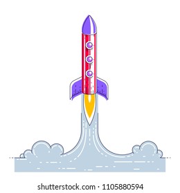 Rocket start to space to discover undiscovered galaxies. Explore universe, interesting space science. Thin line 3d vector illustration isolated on white.