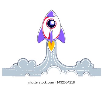 Rocket start to space to discover undiscovered galaxies. Explore universe, interesting space science. Thin line 3d vector illustration isolated on white.