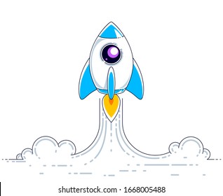 Rocket start to space to discover undiscovered galaxies. Explore universe, interesting space science. Thin line 3d vector illustration isolated on white.