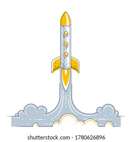 Rocket start to space to discover undiscovered galaxies. Explore universe, interesting space science. Thin line 3d vector illustration isolated on white.