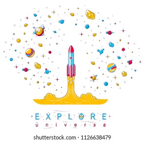 Rocket start up to space to explore undiscovered galaxy, surrounded by fantastic planets, stars and other elements. Discover universe, space science. Thin line 3d vector illustration.