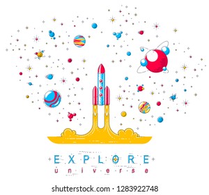 Rocket start up to space to explore undiscovered galaxy, surrounded by fantastic planets, stars and other elements. Discover universe, space science. Thin line 3d vector illustration.