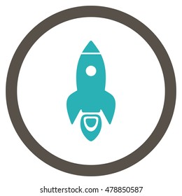 Rocket Start vector bicolor rounded icon. Image style is a flat icon symbol inside a circle, grey and cyan colors, white background.