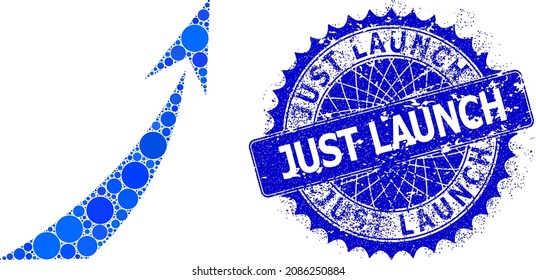 Rocket start vector collage of circle dots in different sizes and blue color hues, and rubber Just Launch seal. Blue round sharp rosette stamp seal has Just Launch title inside it.
