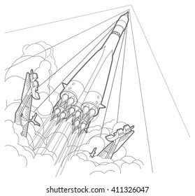 Rocket start whith smoke. Outline vector illustration.