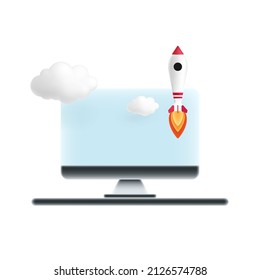 Rocket started from computer monitor illustration