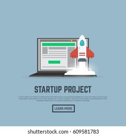 Rocket starting up from laptop keyboard. New web or computer product launch, startup project. Open notebook with browser and site. White rocket with wings and exhaust smoke and clouds