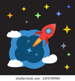 Rocket starts from the planet into space with the stars. Cartoon illustration in flat style, flat vector icon.