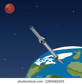 Rocket startship in space heading from earth towards mars | Rocket launch with blue earth, sky and red planet in background