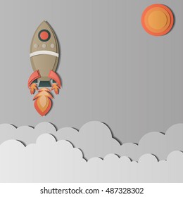 Rocket for startup business project. Paper cut style. Space rocket launch.